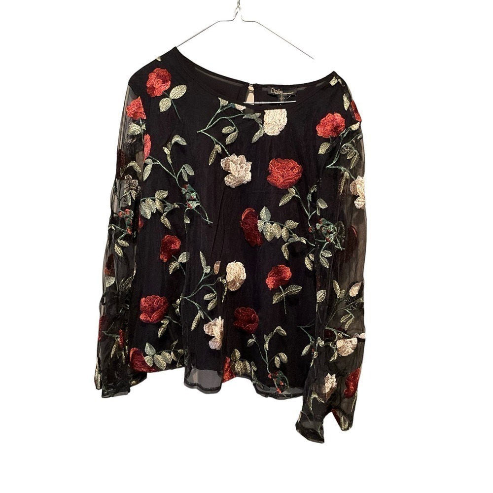 Dalia Blouse Top Women's‎ Black Floral Sheer Flutter Long Sleeve Round Neck